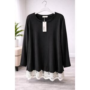 NWT Wehii Black Lace Hem Tunic Top XXL Long Sleeve Casual Blouse